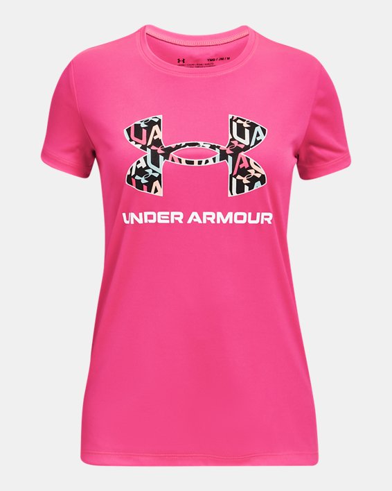 Girls' UA Tech™ Solid Print Big Logo Short Sleeve in Pink image number 0